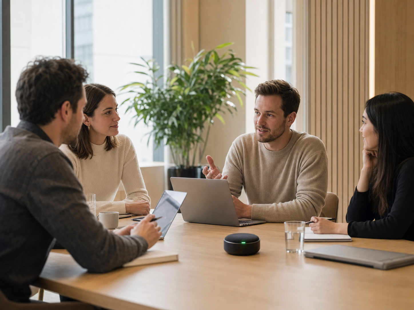Team having a focused meeting with MemoPod on the table